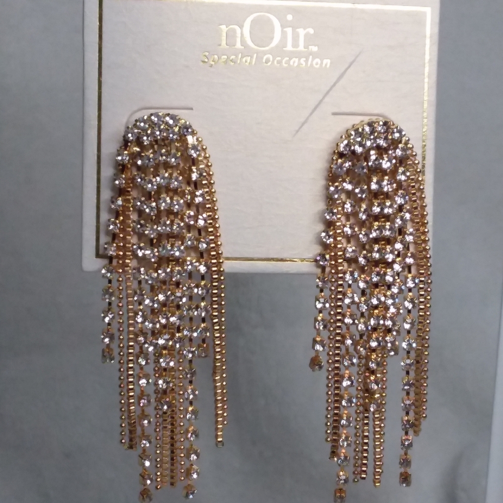 Multi-dangle Pierce Earrings Gold Tone Clear Rhinestones nOir